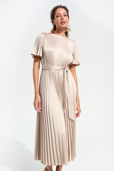 Joseph Ribkoff Signature | Pleated Satin Fit And Flare Dress With Sash Belt