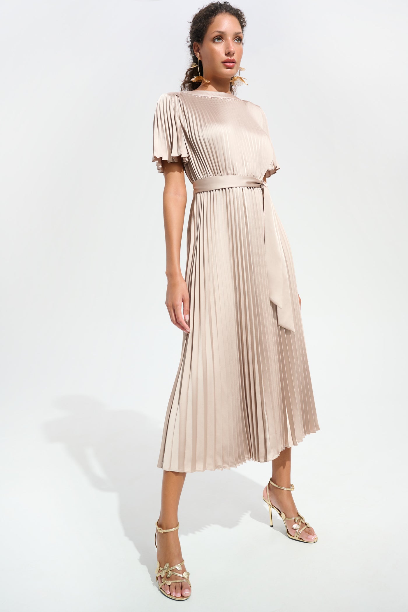 Joseph Ribkoff Signature | Pleated Satin Fit And Flare Dress With Sash Belt