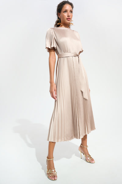 Joseph Ribkoff Signature | Pleated Satin Fit And Flare Dress With Sash Belt