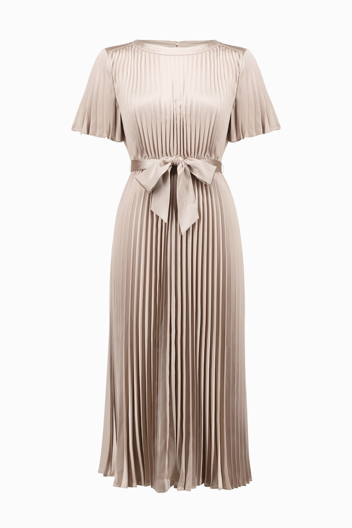joseph ribkoff pleated satin midi dress Joseph Ribkoff Pleated Satin Sleeveless Midi Dress Style 263147 Mocha / 14