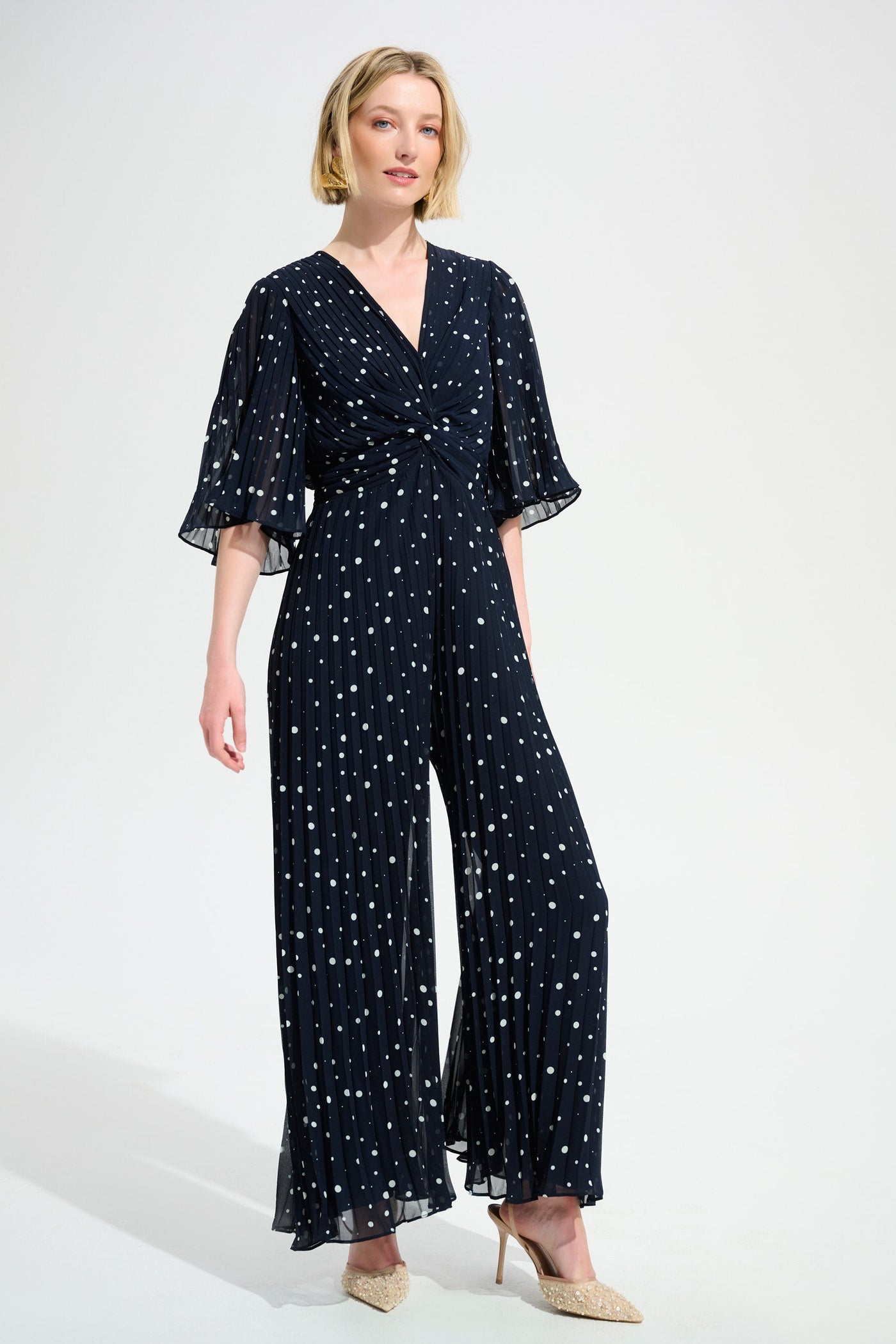 Joseph Ribkoff Midnight Blue Pleated Chiffon Dot Print Wide Leg Jumpsuit With Knot Detail