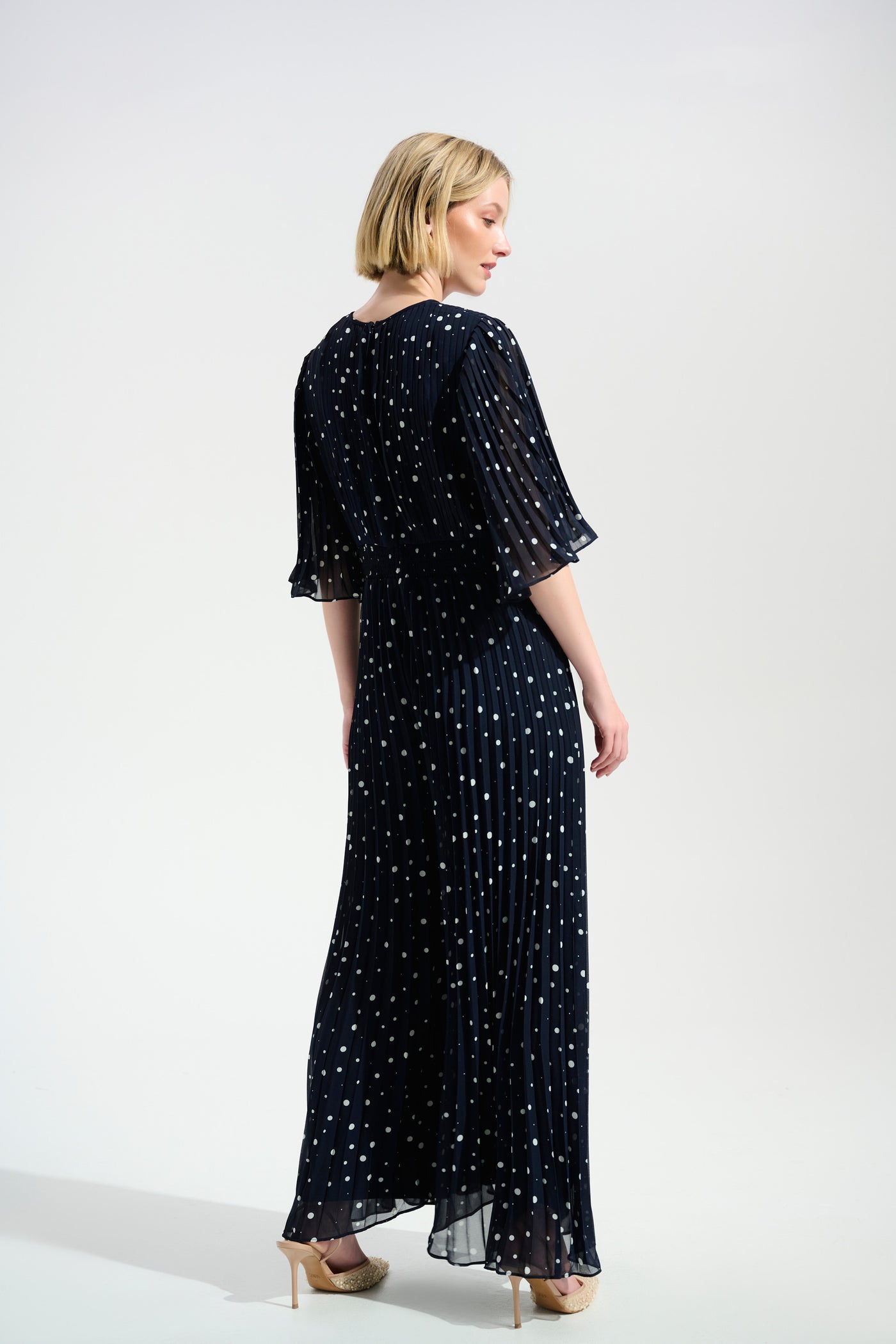 Joseph Ribkoff Midnight Blue Pleated Chiffon Dot Print Wide Leg Jumpsuit With Knot Detail