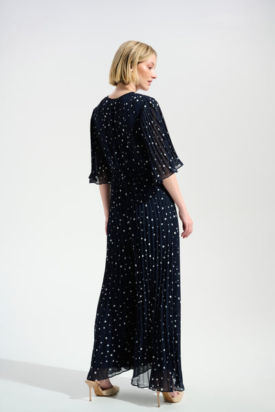 Joseph Ribkoff Midnight Blue Pleated Chiffon Dot Print Wide Leg Jumpsuit With Knot Detail