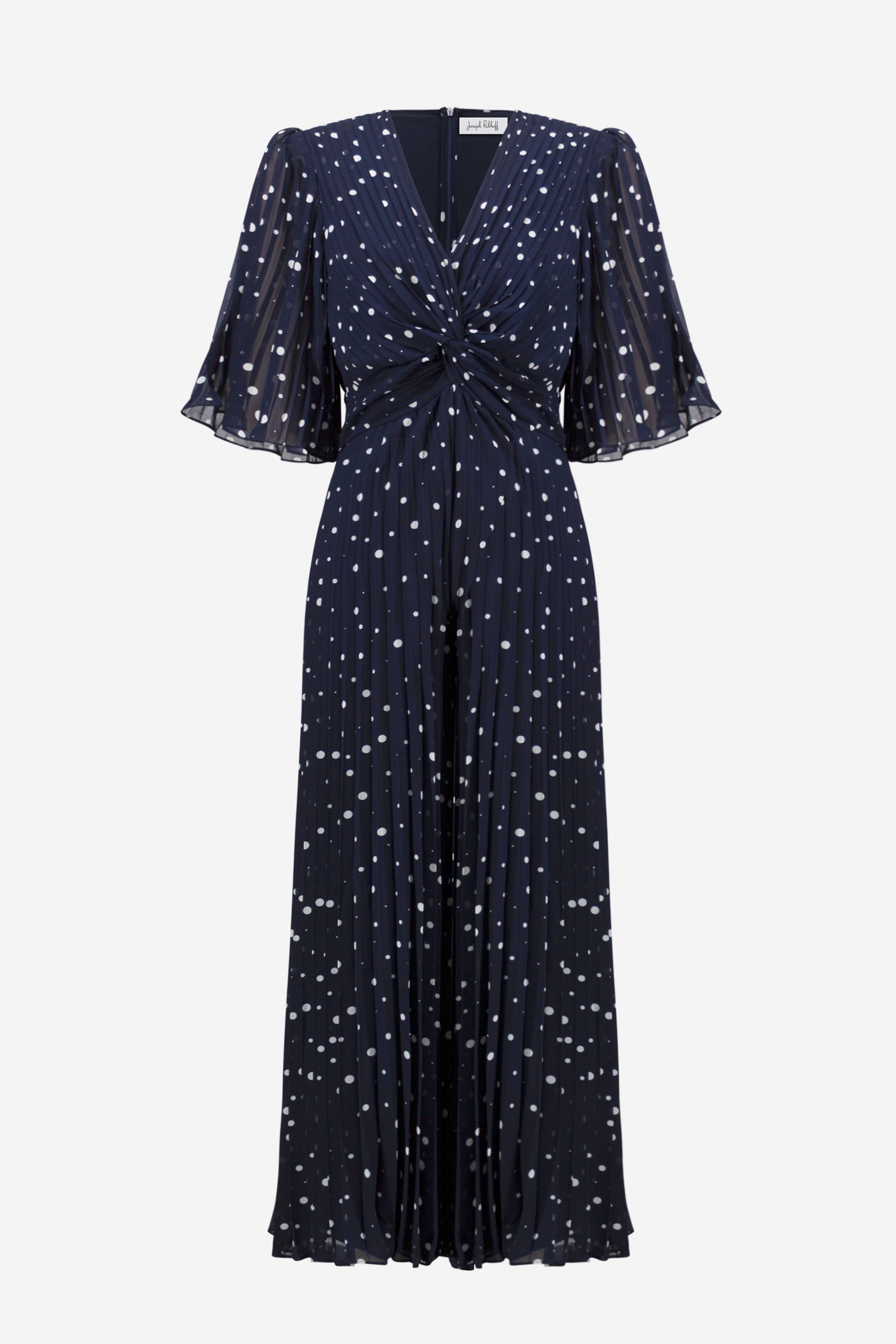 Joseph Ribkoff Midnight Blue Pleated Chiffon Dot Print Wide Leg Jumpsuit With Knot Detail