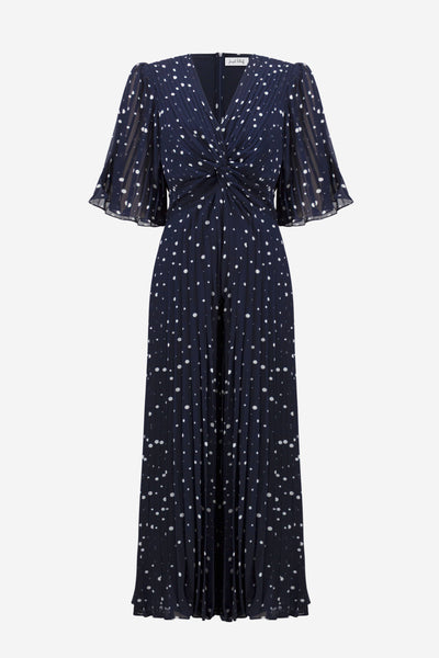 Joseph Ribkoff Midnight Blue Pleated Chiffon Dot Print Wide Leg Jumpsuit With Knot Detail