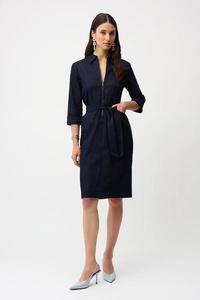 Joseph Ribkoff Denim Dress With Half Zip and Belt