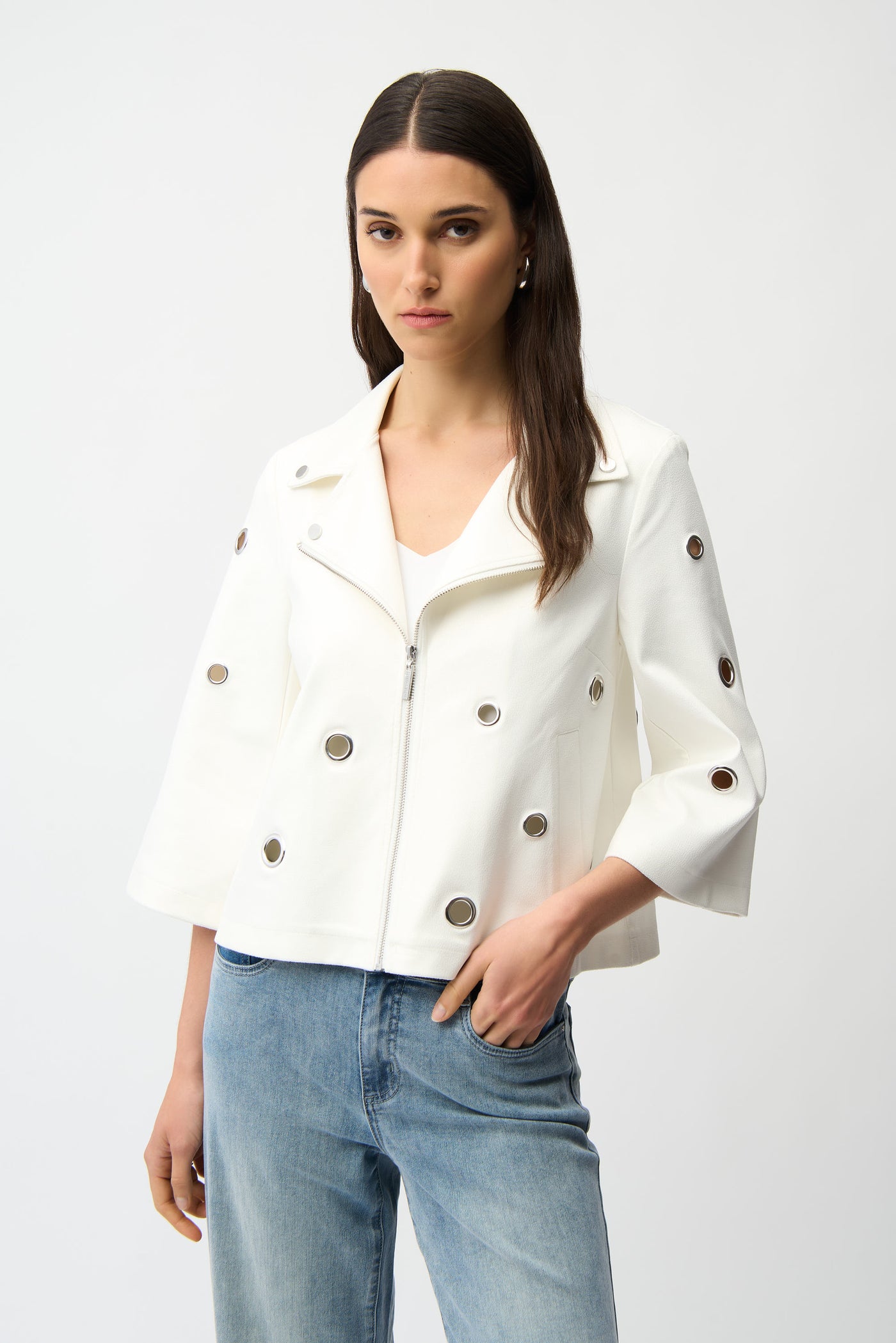 Joseph Ribkoff Vanilla  Foiled Faux Suede Swing Jacket With Grommets