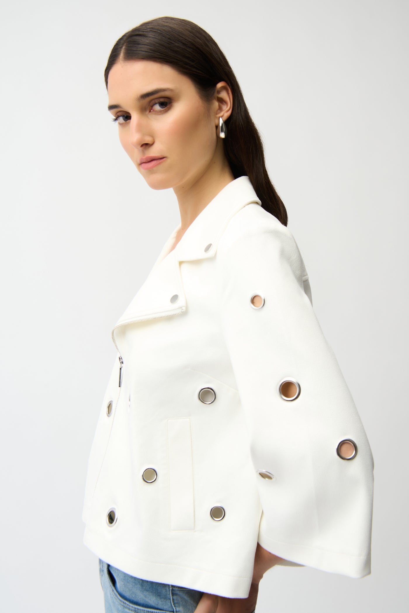 Joseph Ribkoff Vanilla  Foiled Faux Suede Swing Jacket With Grommets