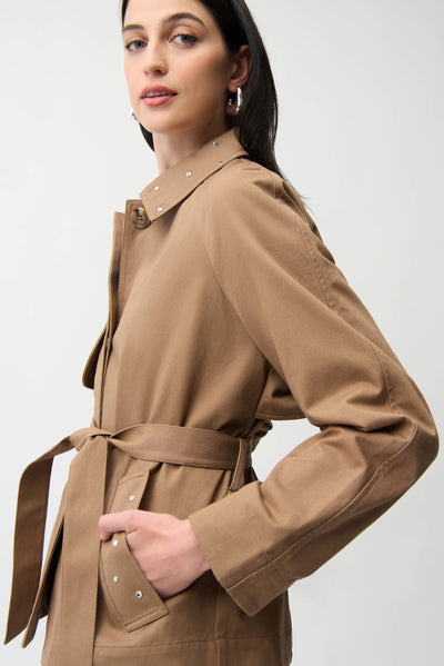 Joseph Ribkoff Cotton Twill Short Trench with Belt and Rhinestones Detail