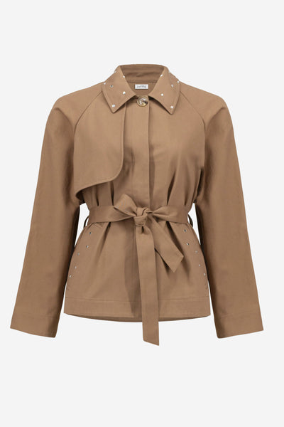 Joseph Ribkoff Cotton Twill Short Trench with Belt and Rhinestones Detail