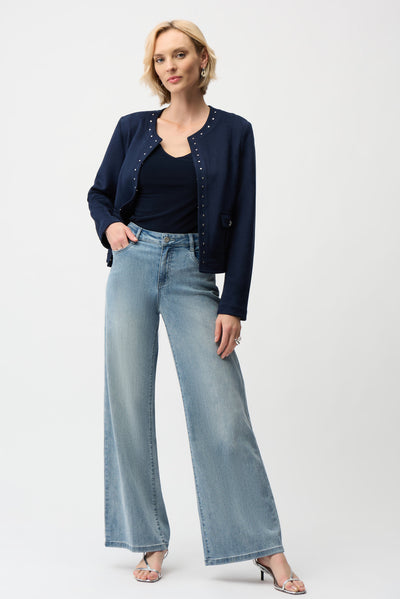 Joseph Ribkoff Midnight Blue Scuba Suede Straight 4-Pocket Jacket With Military Button