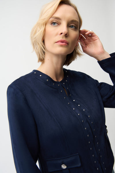 Joseph Ribkoff Midnight Blue Scuba Suede Straight 4-Pocket Jacket With Military Button