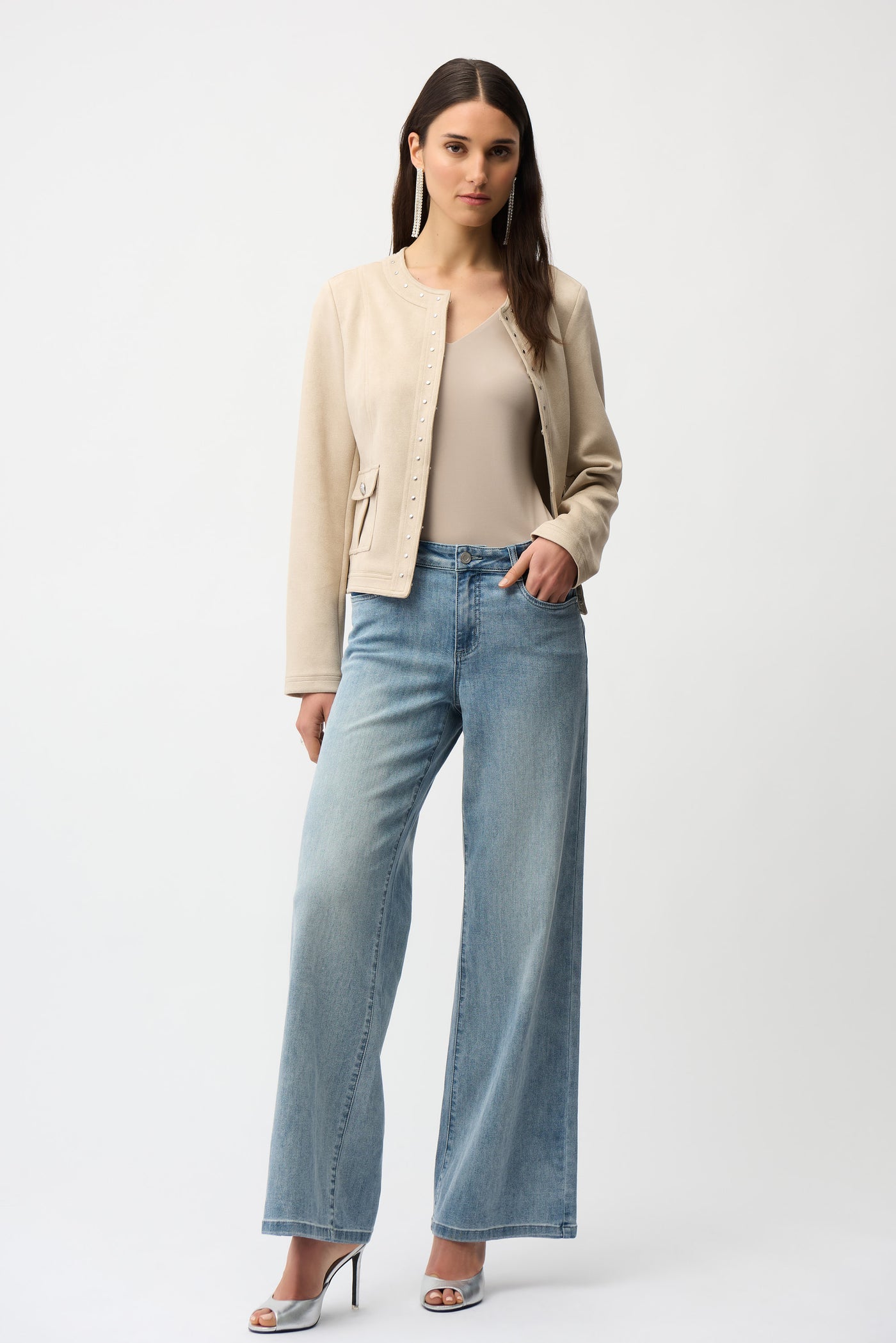 Joseph Ribkoff Parchment Scuba Suede Straight 4-Pocket Jacket With Military Button