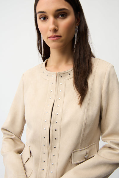 Joseph Ribkoff Parchment Scuba Suede Straight 4-Pocket Jacket With Military Button