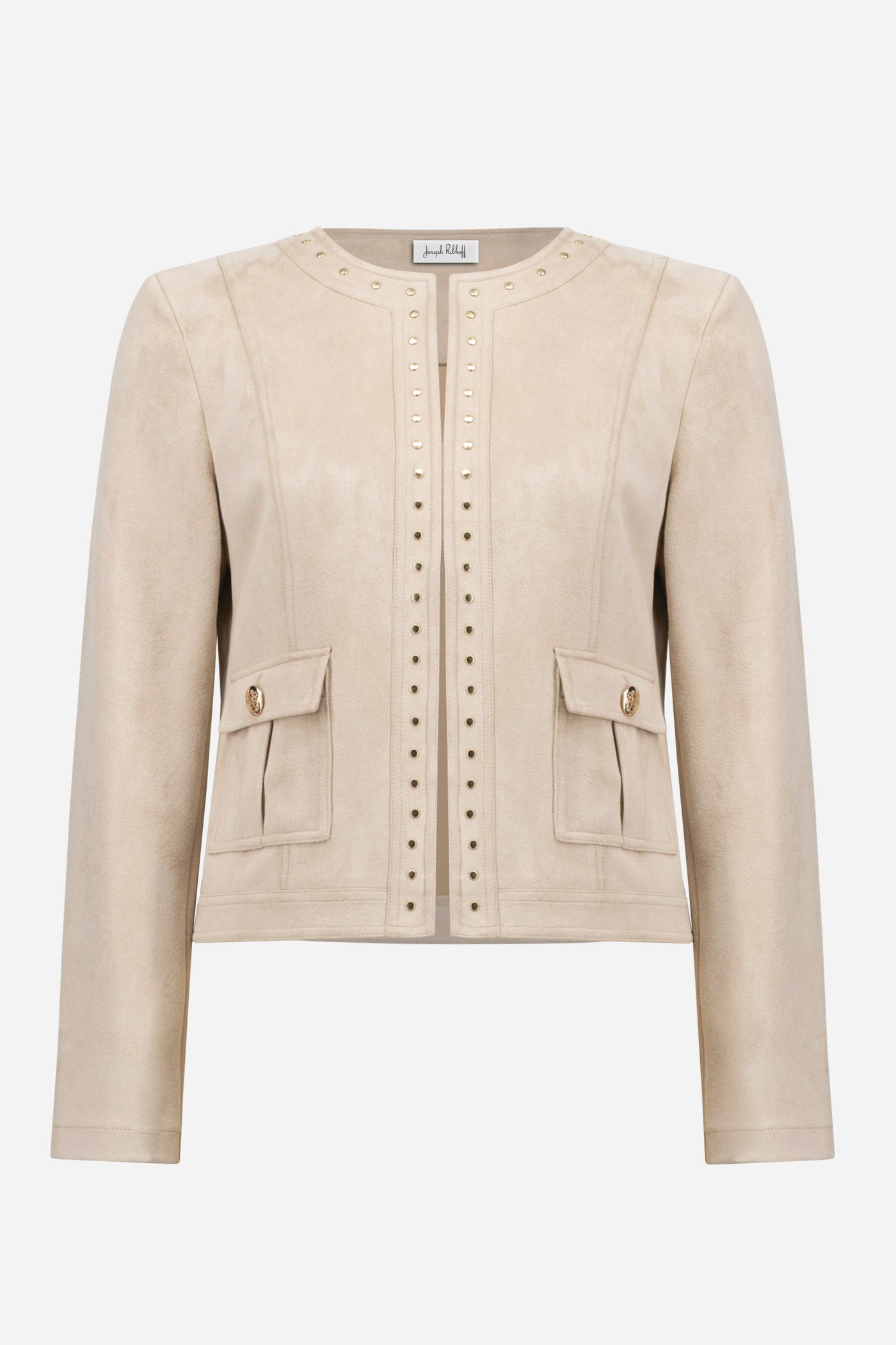 Joseph Ribkoff Parchment Scuba Suede Straight 4-Pocket Jacket With Military Button