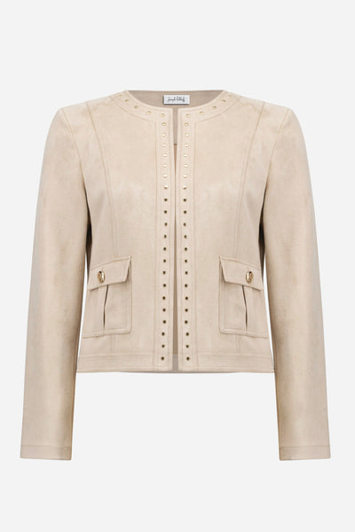 Joseph Ribkoff Parchment Scuba Suede Straight 4-Pocket Jacket With Military Button