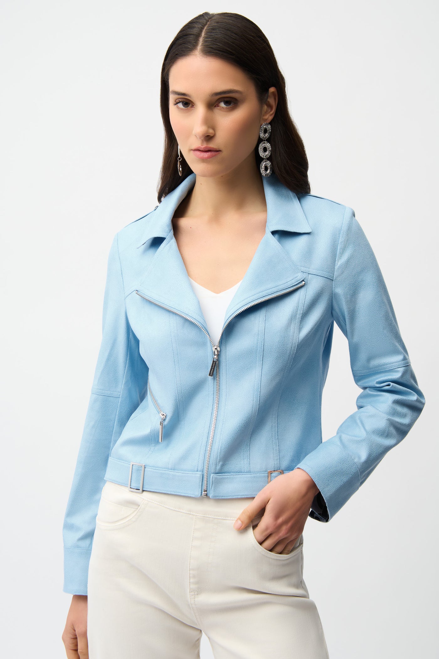 Joseph Ribkoff Sky Blue Foiled Faux Suede Fitted Jacket with Decorative Buckles