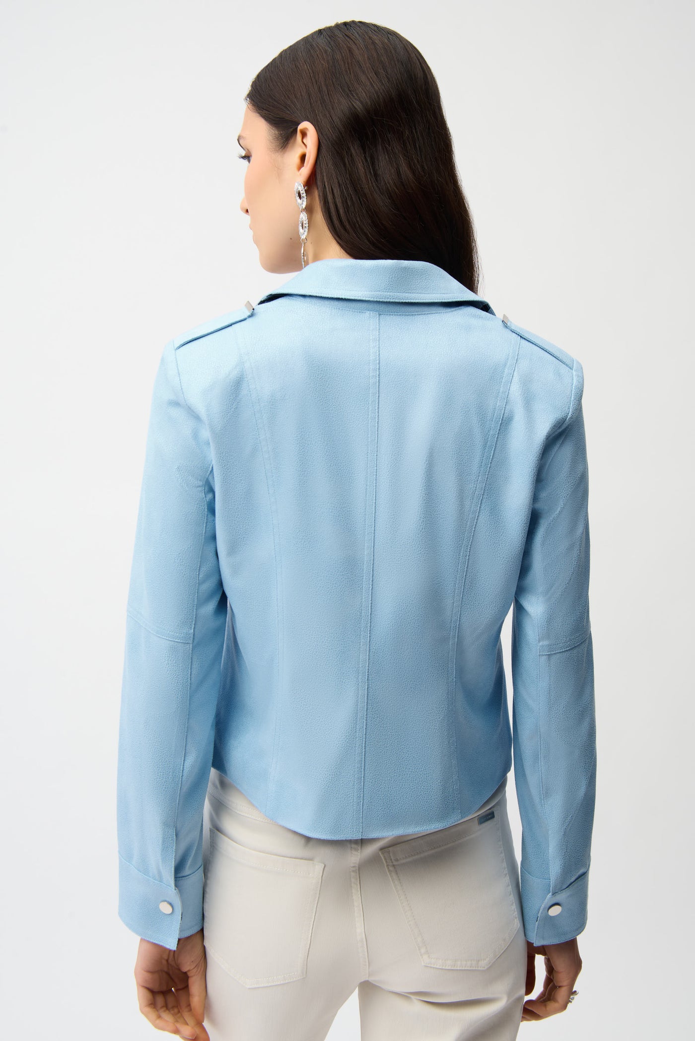 Joseph Ribkoff Sky Blue Foiled Faux Suede Fitted Jacket with Decorative Buckles