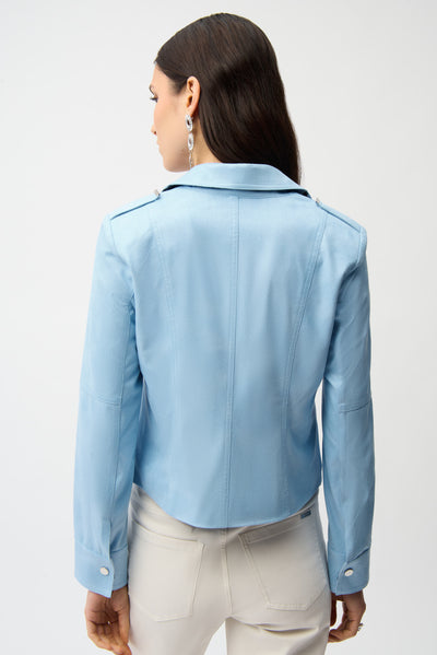 Joseph Ribkoff Sky Blue Foiled Faux Suede Fitted Jacket with Decorative Buckles