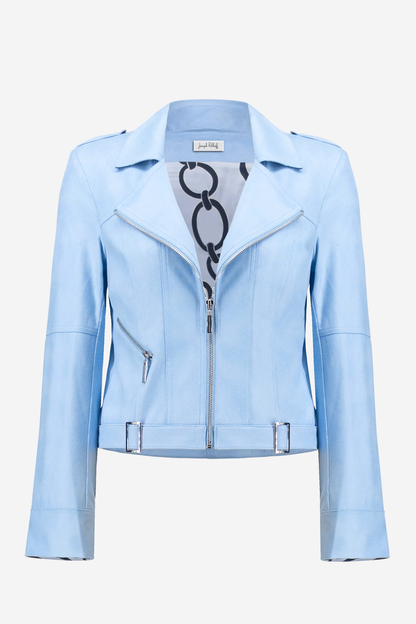 Joseph Ribkoff Sky Blue Foiled Faux Suede Fitted Jacket with Decorative Buckles