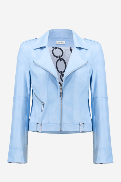 Joseph Ribkoff Sky Blue Foiled Faux Suede Fitted Jacket with Decorative Buckles