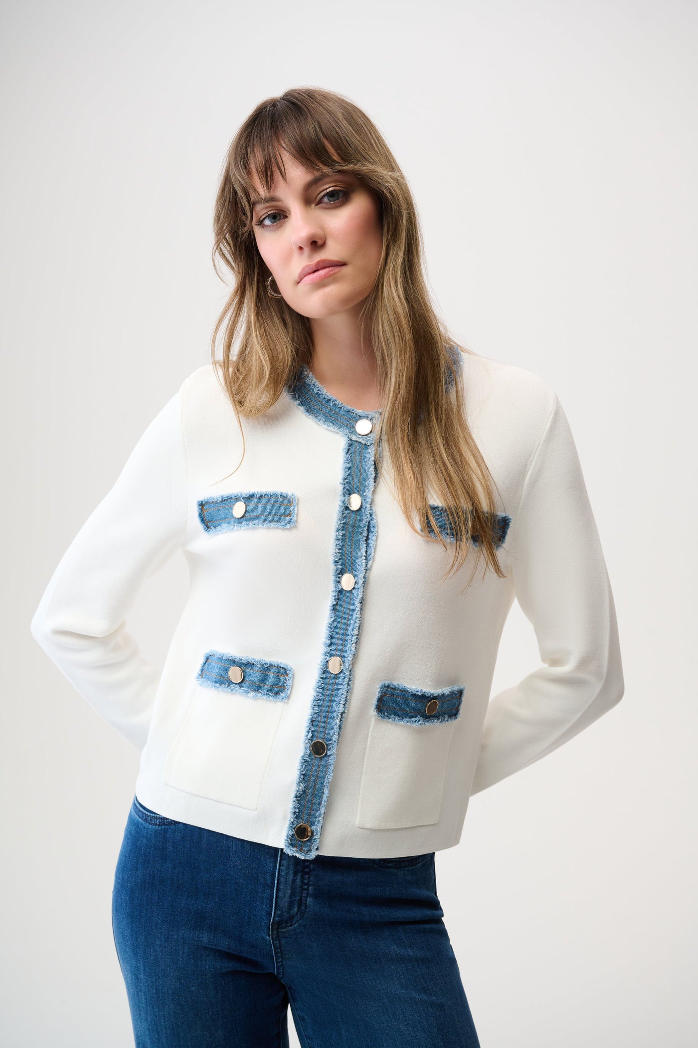 Joseph Ribkoff Winter White/Indigo Milano Stitch Jacket with Denim Trim