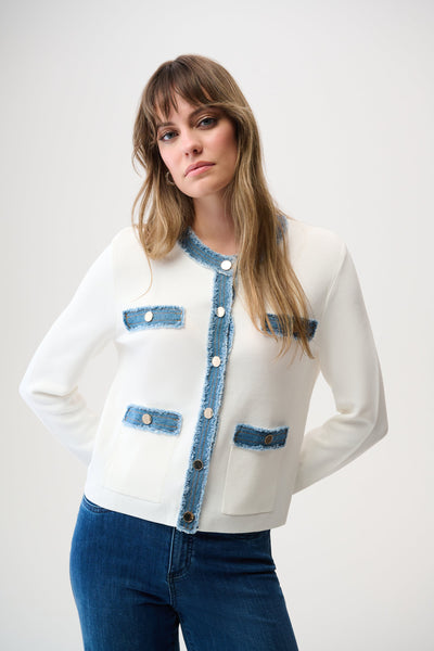 Joseph Ribkoff Winter White/Indigo Milano Stitch Jacket with Denim Trim