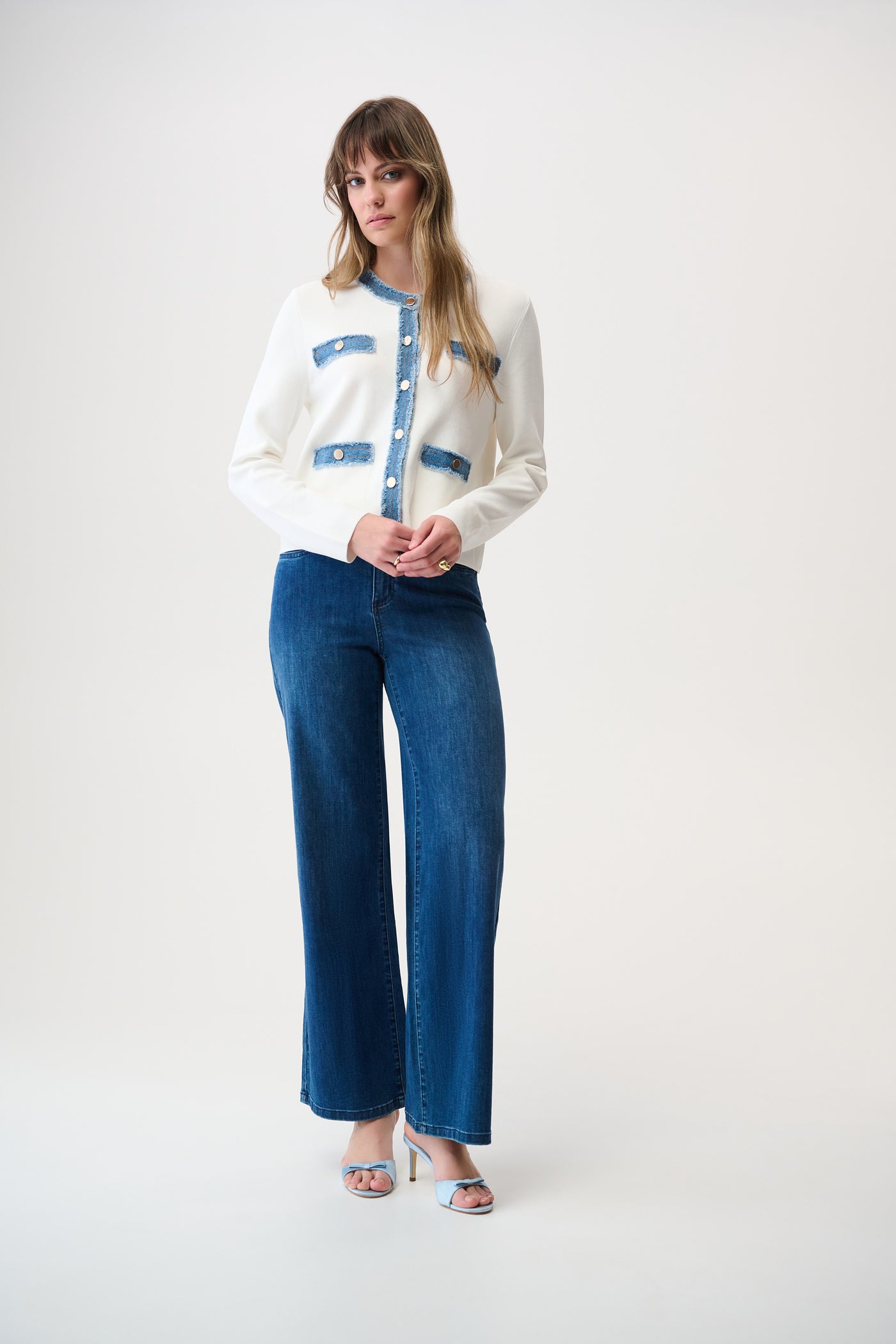 Joseph Ribkoff Winter White/Indigo Milano Stitch Jacket with Denim Trim