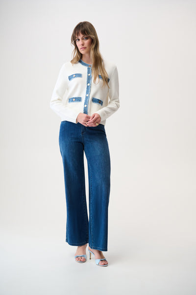 Joseph Ribkoff Winter White/Indigo Milano Stitch Jacket with Denim Trim