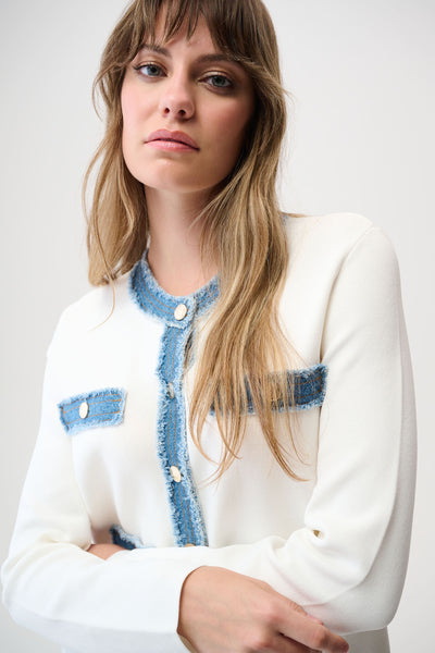 Joseph Ribkoff Winter White/Indigo Milano Stitch Jacket with Denim Trim