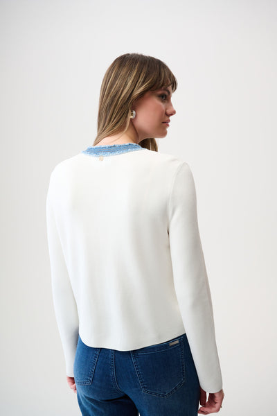 Joseph Ribkoff Winter White/Indigo Milano Stitch Jacket with Denim Trim