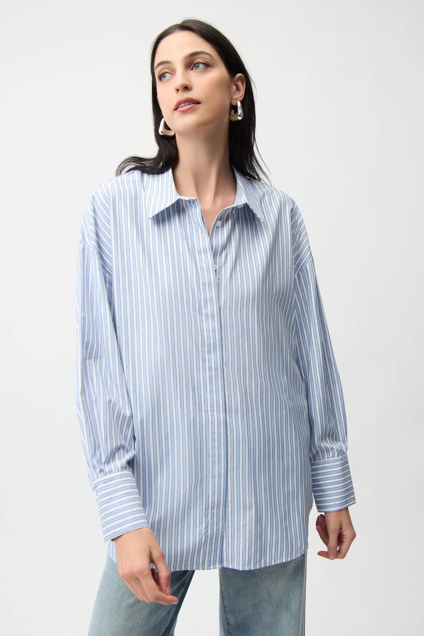 Joseph Ribkoff Blue/Vanilla Tencel Stripe Print Boxy Blouse