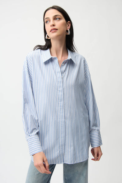 Joseph Ribkoff Blue/Vanilla Tencel Stripe Print Boxy Blouse