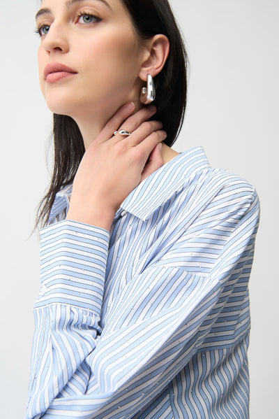 Joseph Ribkoff Blue/Vanilla Tencel Stripe Print Boxy Blouse
