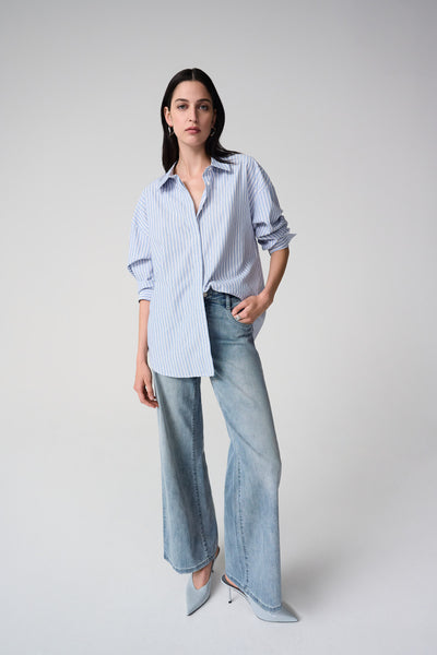 Joseph Ribkoff Blue/Vanilla Tencel Stripe Print Boxy Blouse