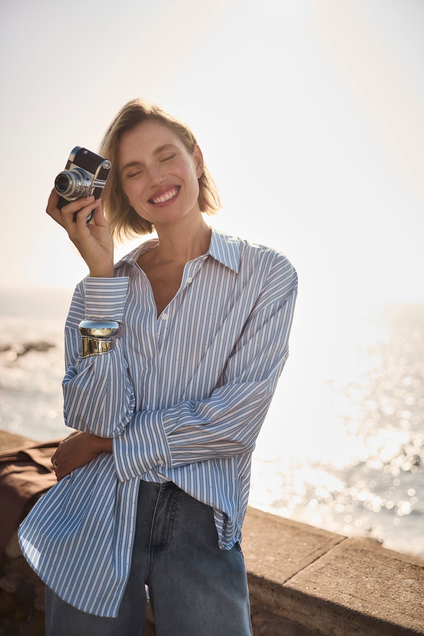 Joseph Ribkoff Blue/Vanilla Tencel Stripe Print Boxy Blouse