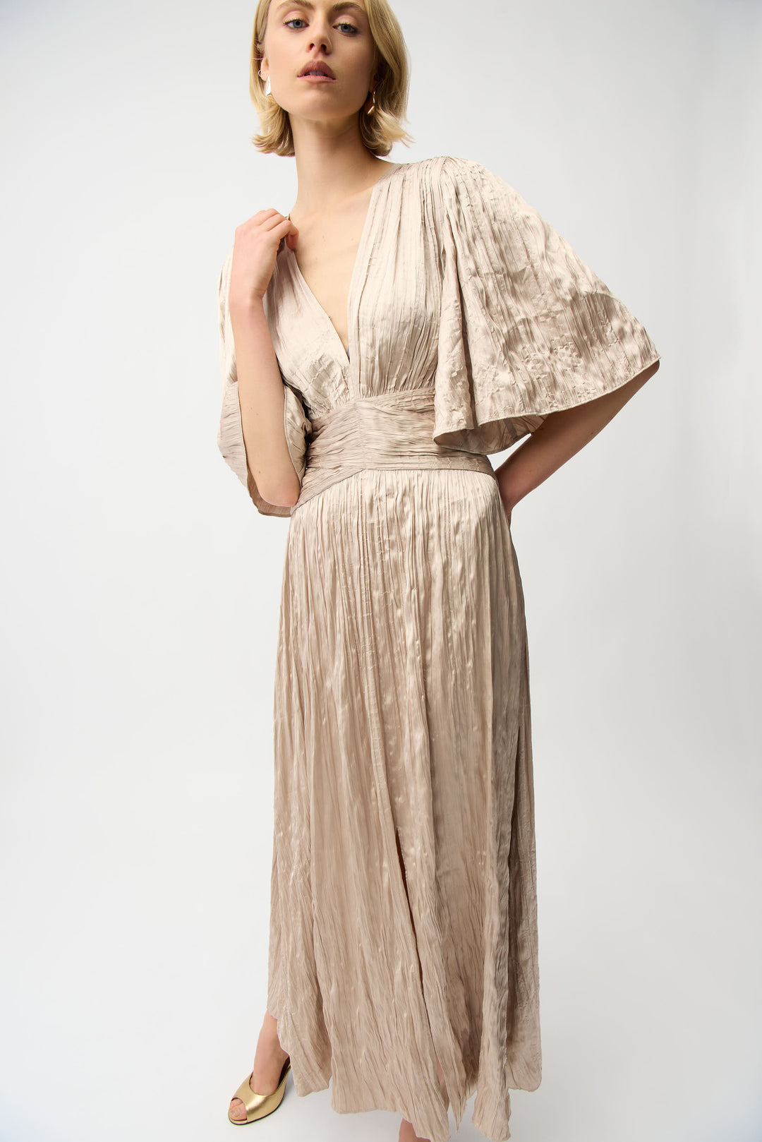 Joseph Ribkoff Parchment Satin Fit and Flare Pleated Dress with Knot W – La  Creme Boutique