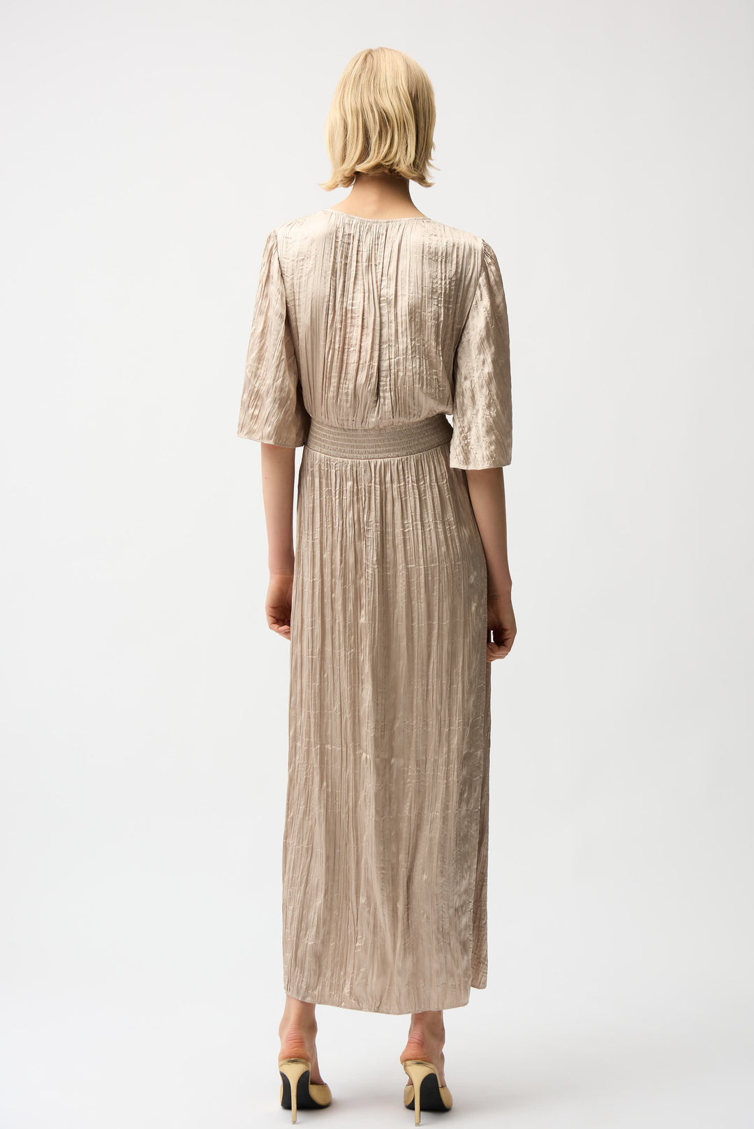 Joseph Ribkoff Parchment Satin Fit and Flare Pleated Dress with Knot W La Creme Boutique Joseph Ribkoff Parchment Satin Fit and Flare Pleated Dress with Knot W La Creme Boutique