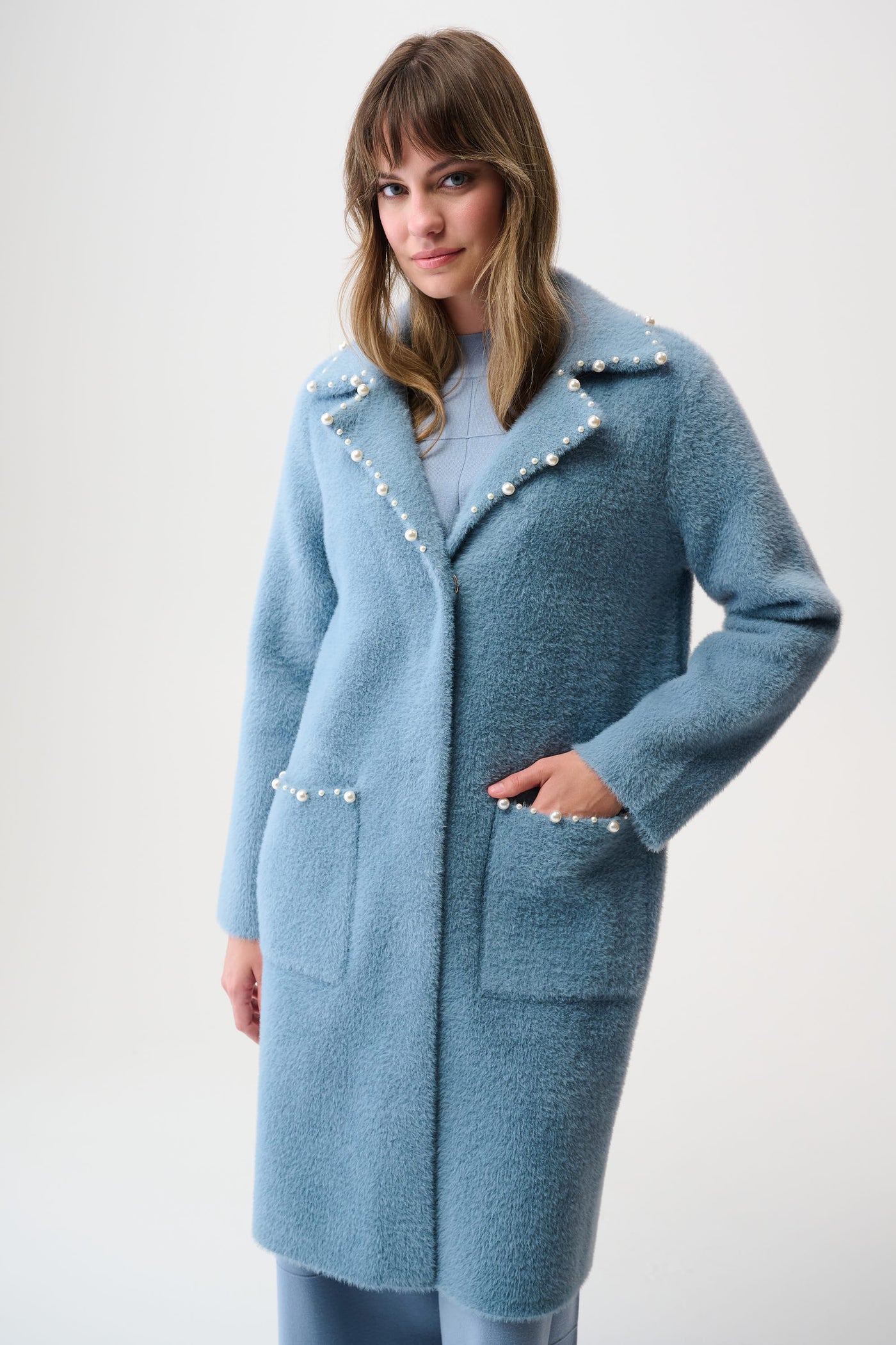 Joseph Ribkoff Chambray Feather Yarn Sweater Coat with Pearl Trim