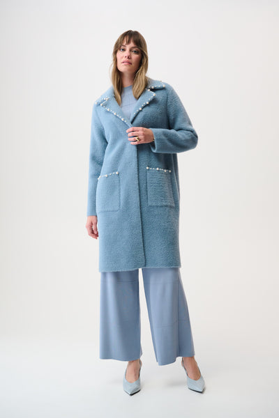 Joseph Ribkoff Chambray Feather Yarn Sweater Coat with Pearl Trim