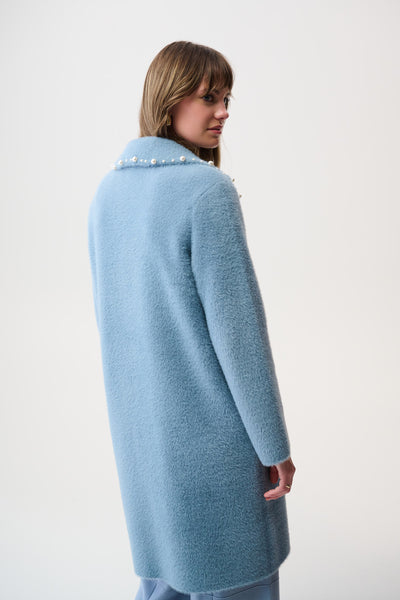 Joseph Ribkoff Chambray Feather Yarn Sweater Coat with Pearl Trim