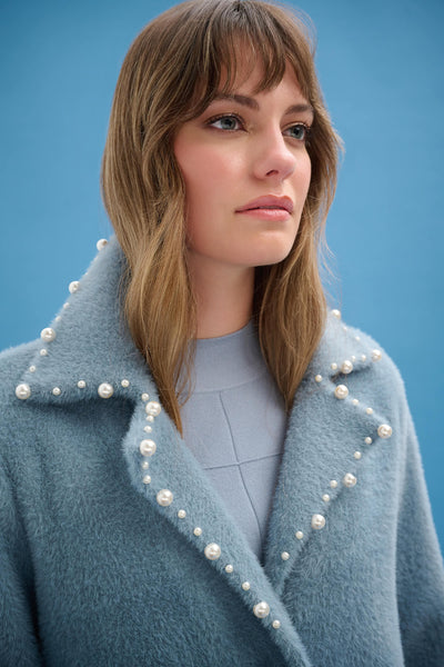 Joseph Ribkoff Chambray Feather Yarn Sweater Coat with Pearl Trim