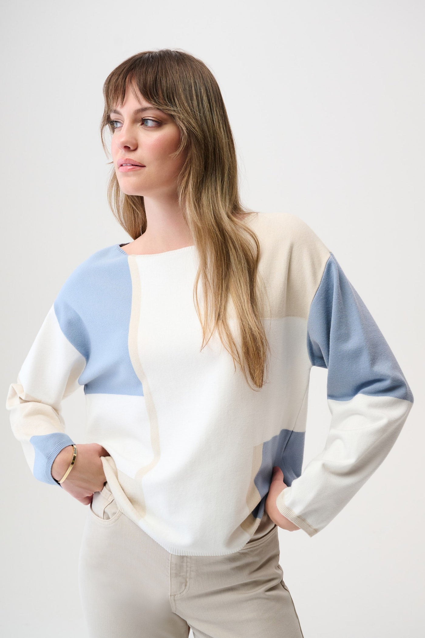 Joseph Ribkoff Winter White/Birch/Chambray Brushed Color Block Sweater