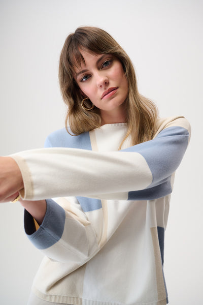 Joseph Ribkoff Winter White/Birch/Chambray Brushed Color Block Sweater