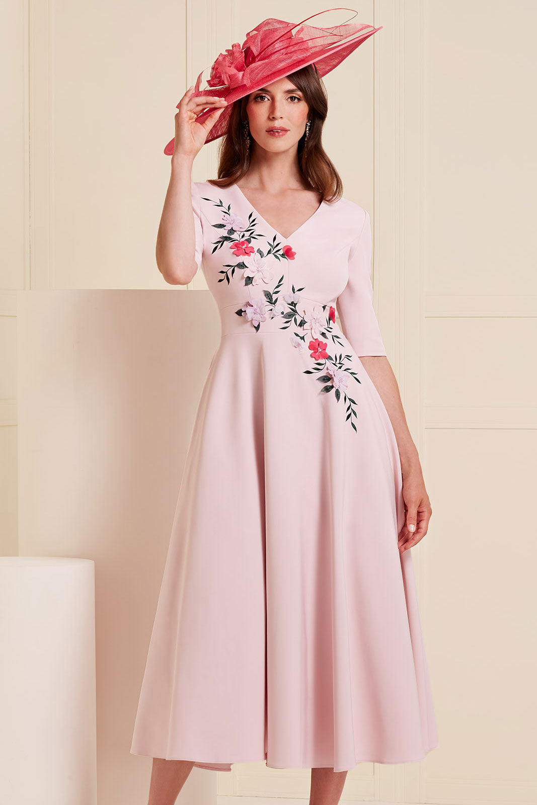 Blush Pink A-Line Dress with 3/4 Sleeve & Embroidered Flower Detail