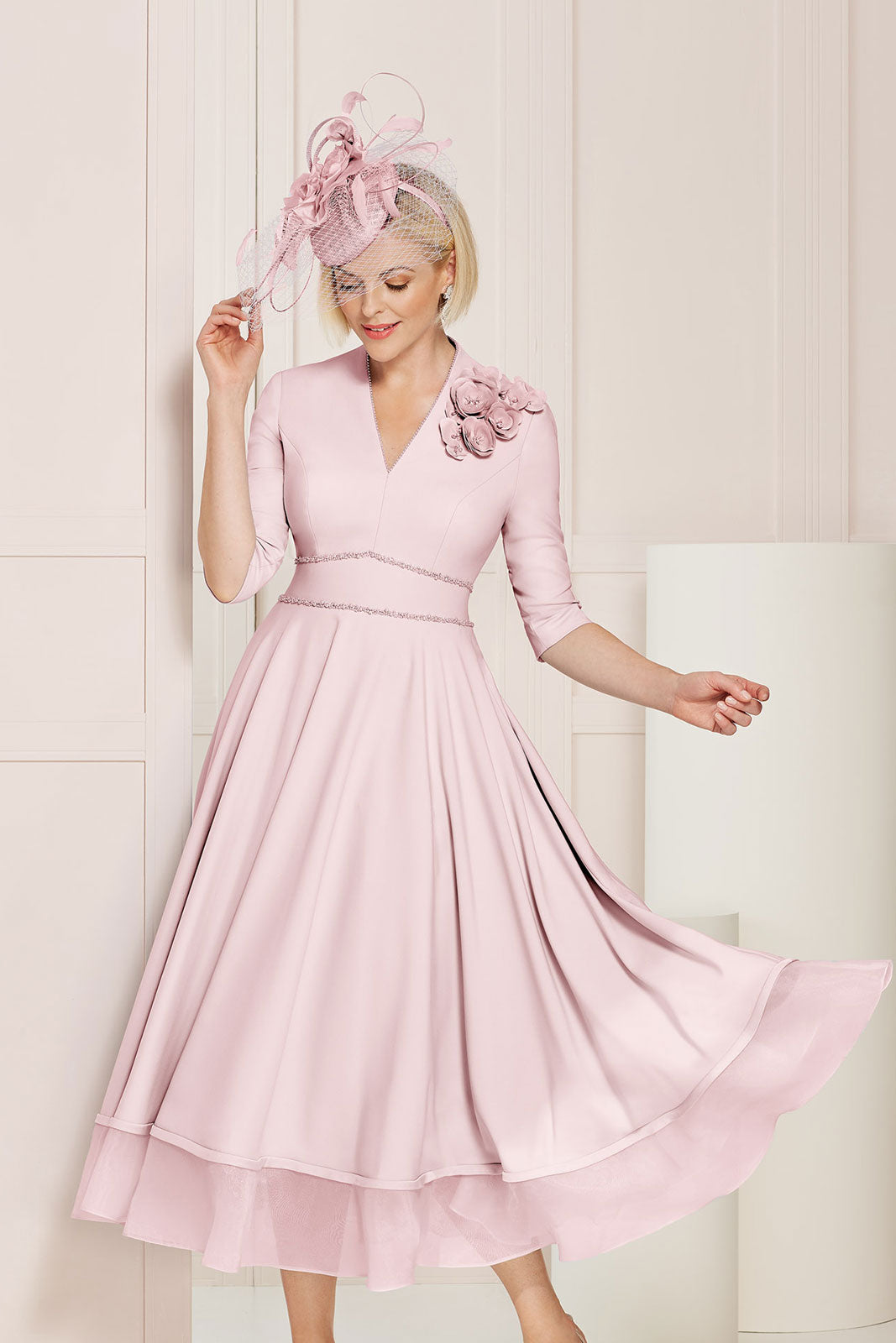 Blush Pink A-Line Dress with 3/4 Sleeve & Flower Detail