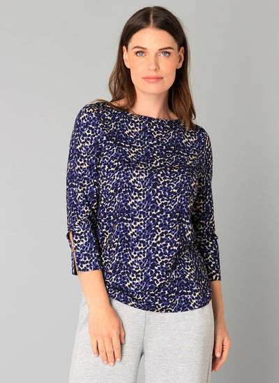 Bryn Navy Spotted Round Neck Top