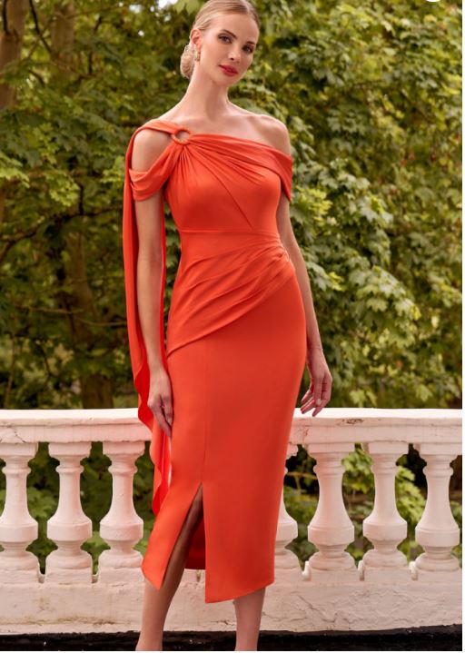 Orange Fitted Dress, Asymmetric Draped Collar & Beading