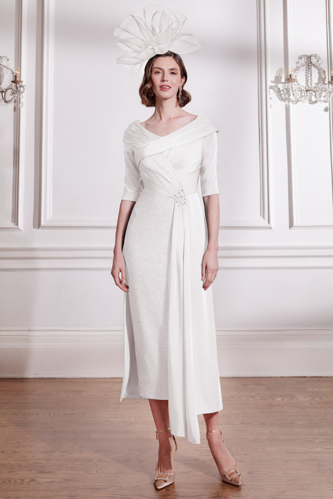 Ivory Dress With Bardot Collar & Sequinned Detailing