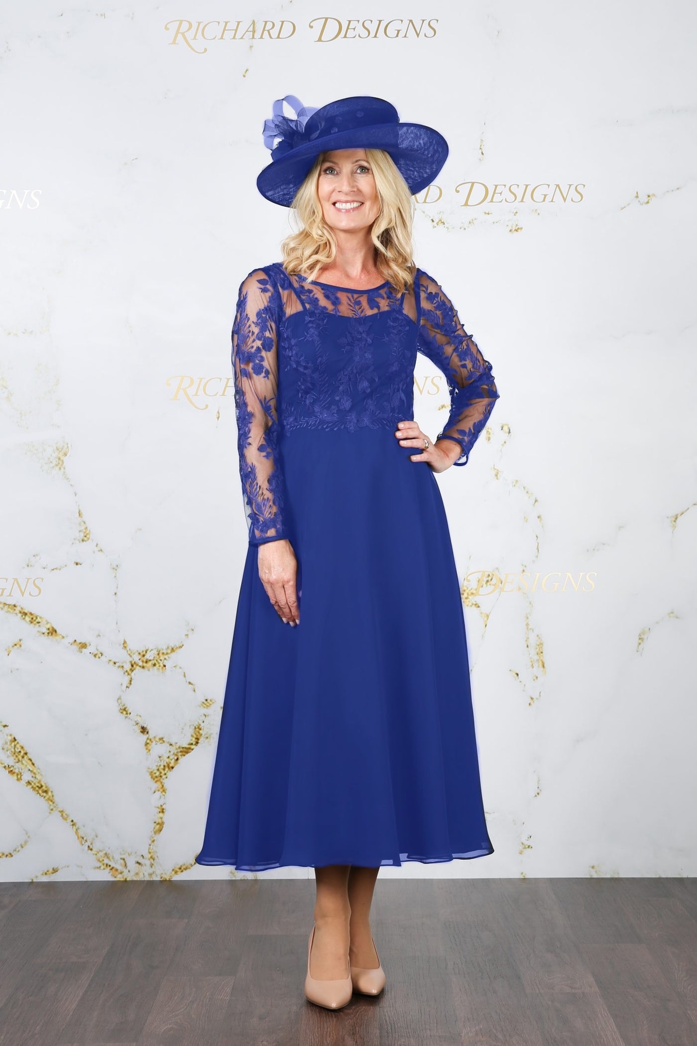 Royal Blue Dress with Floral Mesh Top & Sleeves With Chiffon Skirt